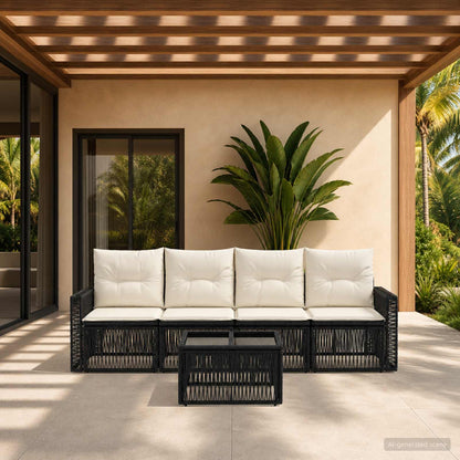 Set Divano da Giardino 5 pcs Nero e Bianco Crema polyrattan | homemem39