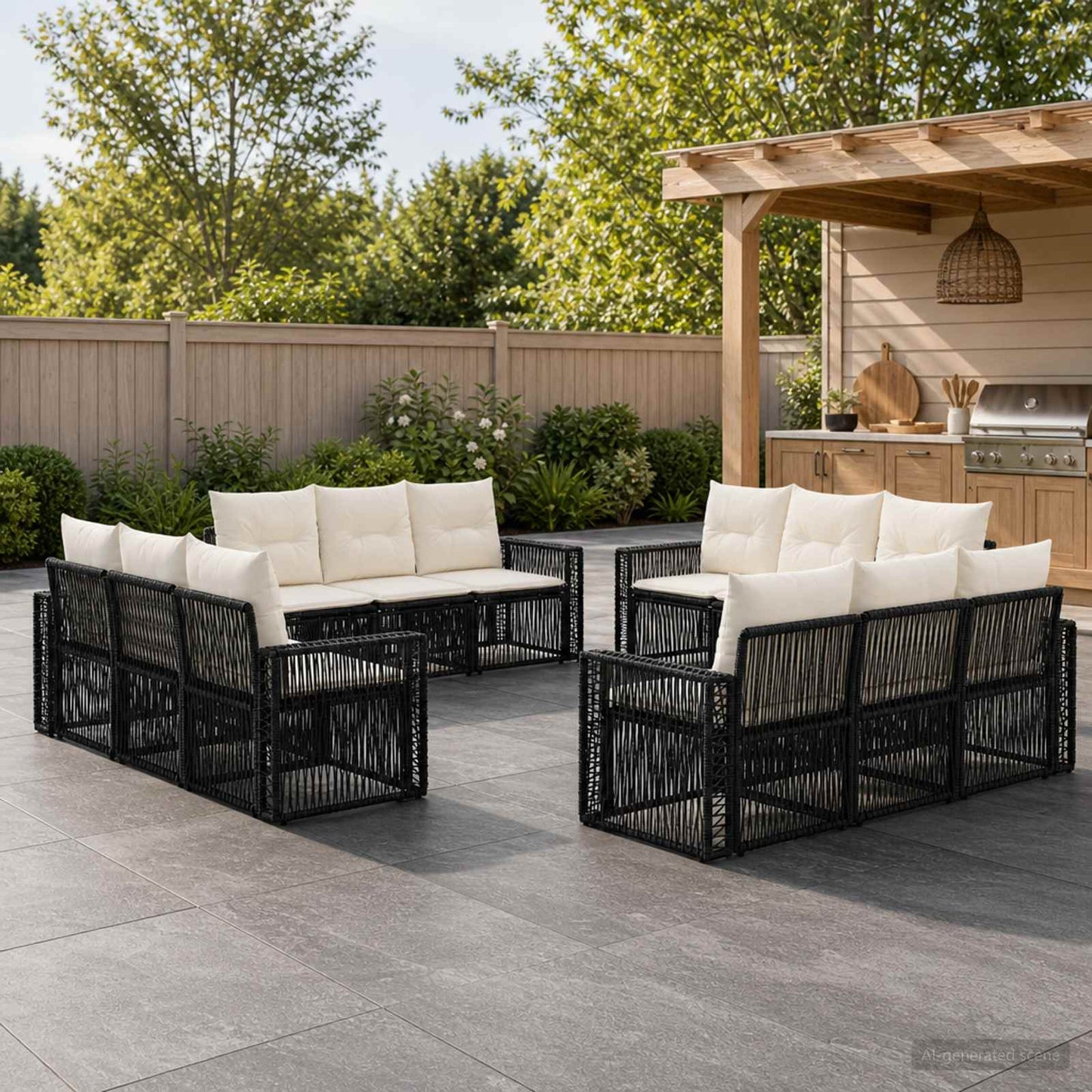 Set Divano da Giardino 12 pcs Nero e Bianco Crema polyrattan | homemem39