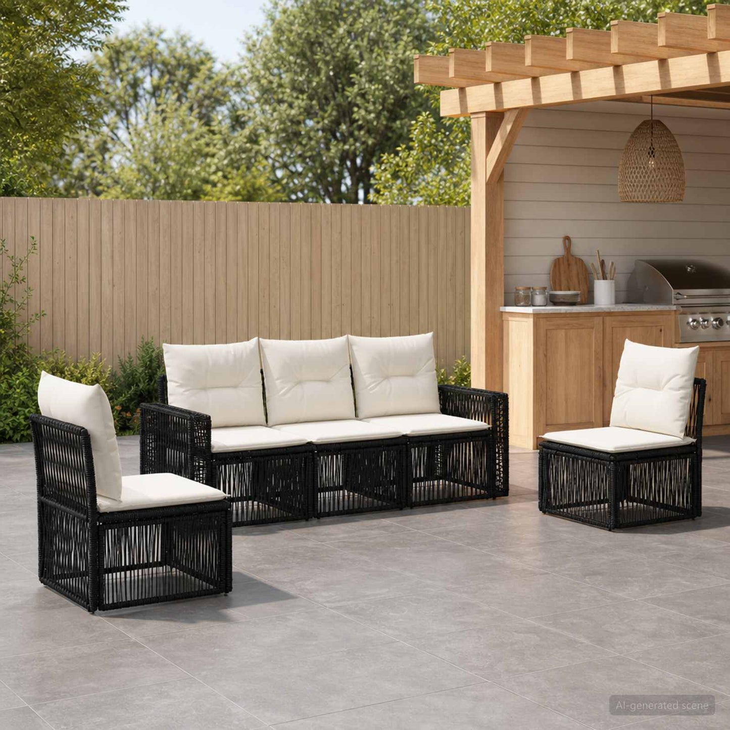 Set Divano da Giardino 5 pcs Nero e Bianco Crema polyrattan | homemem39