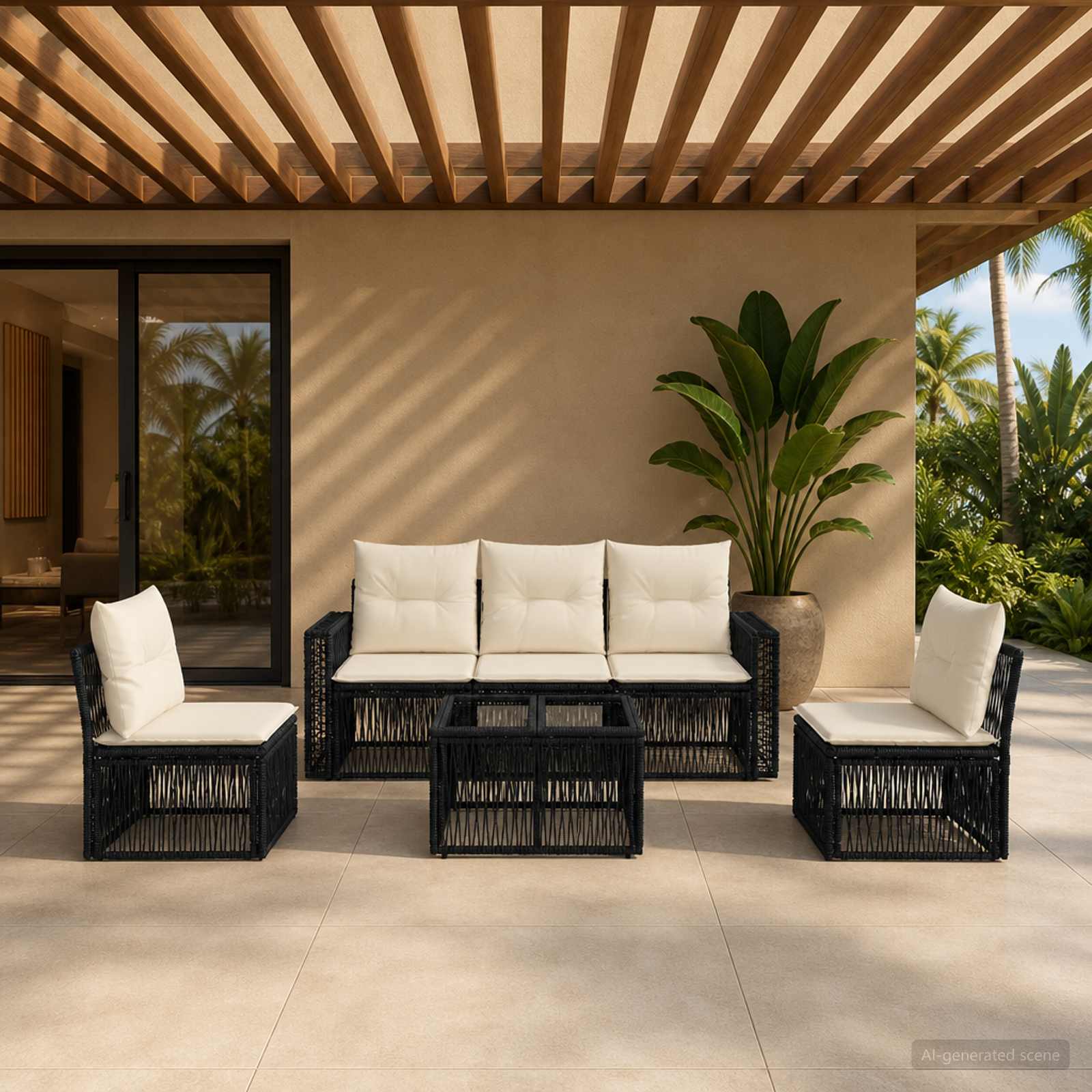 Set Divano da Giardino 6 pcs Nero e Bianco Crema polyrattan | homemem39
