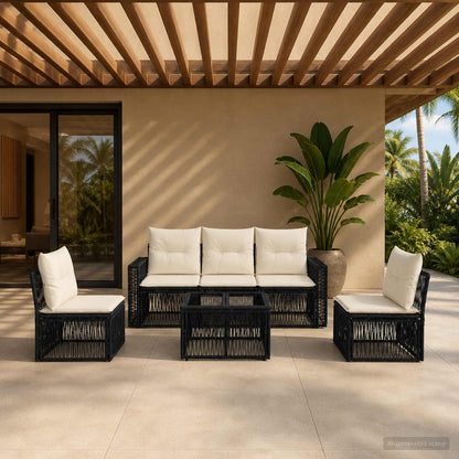 Set Divano da Giardino 6 pcs Nero e Bianco Crema polyrattan | homemem39