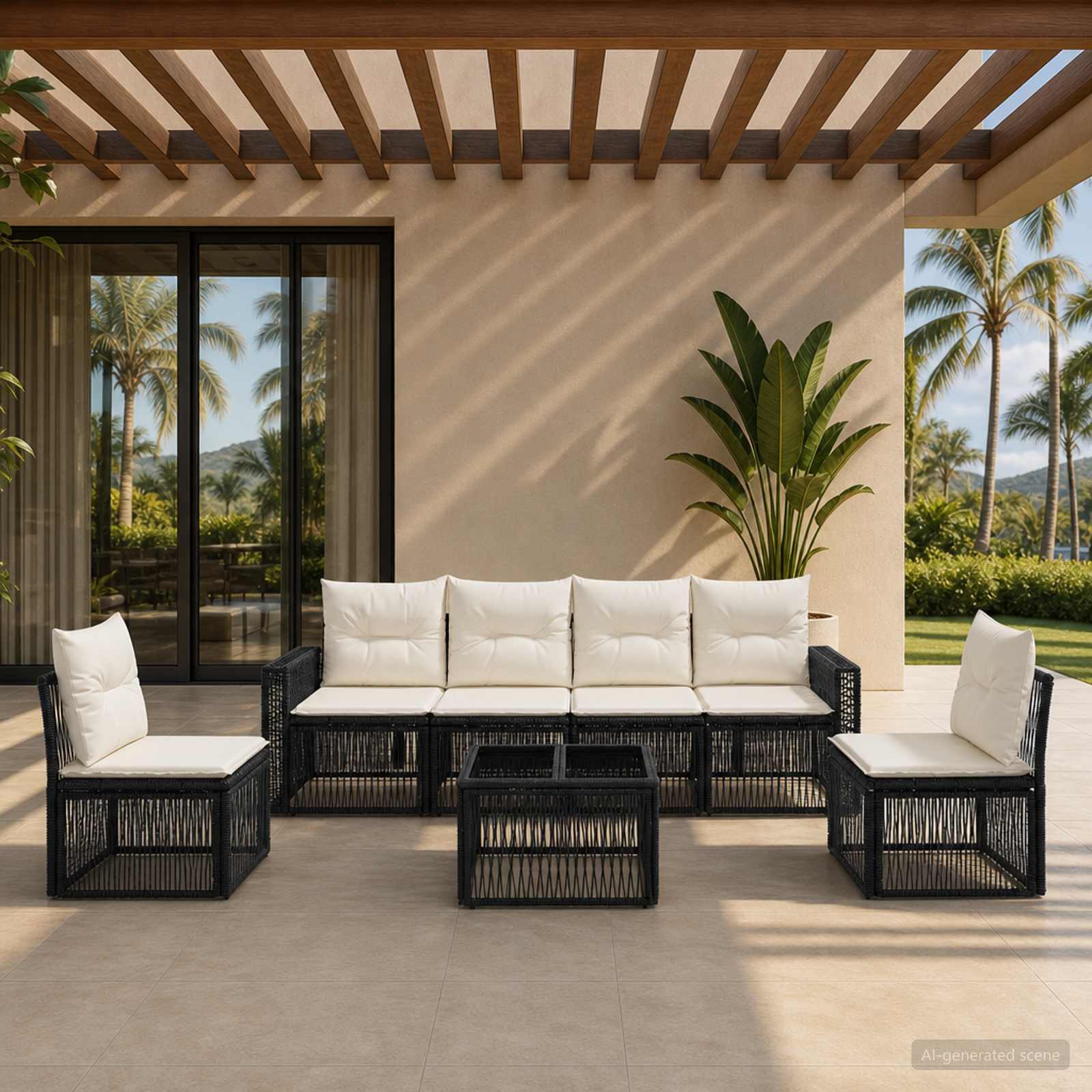 Set Divano da Giardino 7 pcs Nero e Bianco Crema polyrattan | homemem39