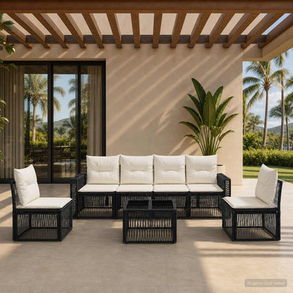 Set Divano da Giardino 7 pcs Nero e Bianco Crema polyrattan | homemem39