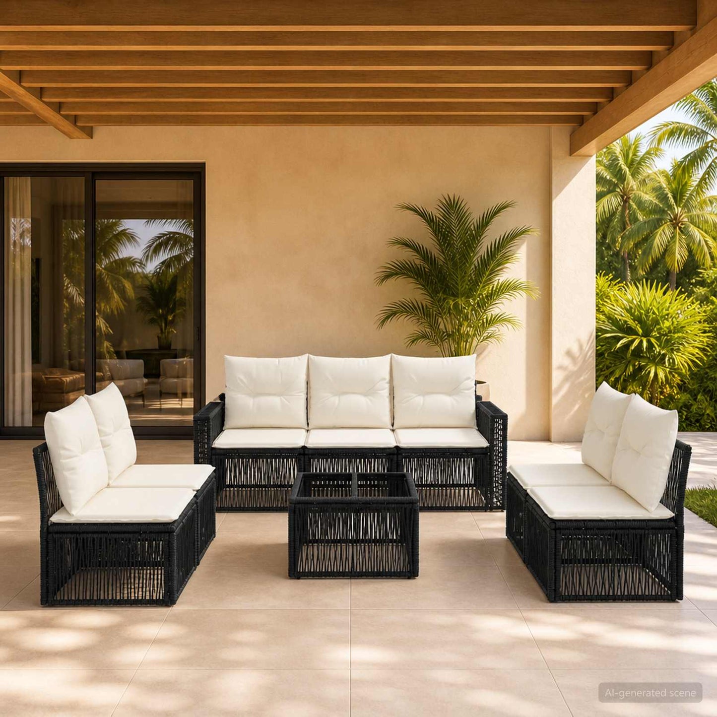Set Divano da Giardino 8 pcs Nero e Bianco Crema polyrattan | homemem39
