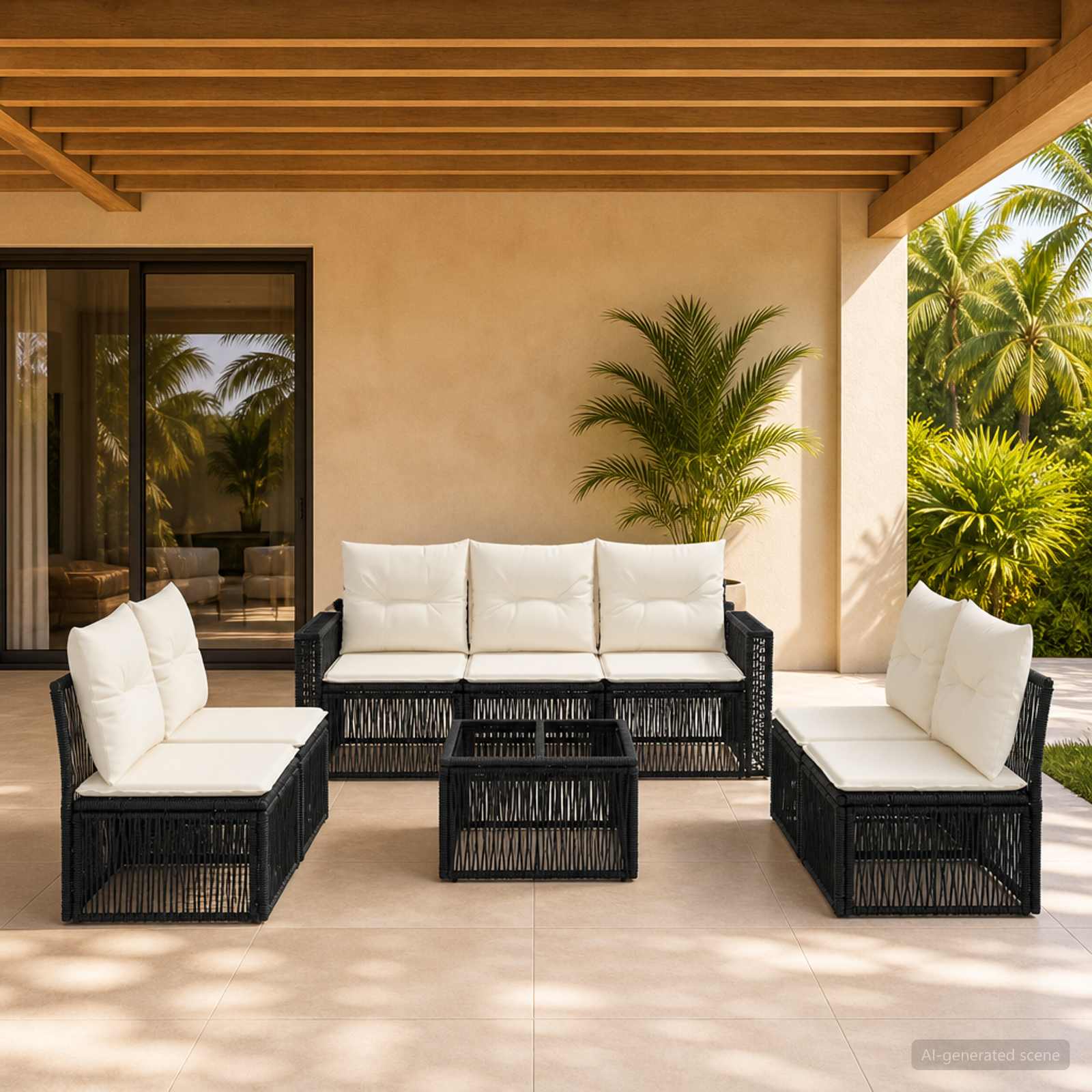 Set Divano da Giardino 8 pcs Nero e Bianco Crema polyrattan | homemem39