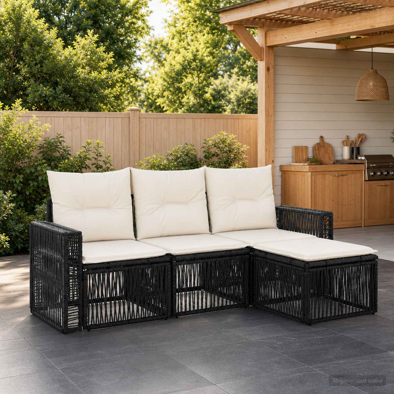 Set Divano da Giardino 4 pcs Nero e Bianco Crema polyrattan | homemem39