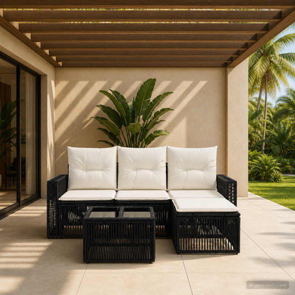 Set Divano da Giardino 5 pcs Nero e Bianco Crema polyrattan | homemem39