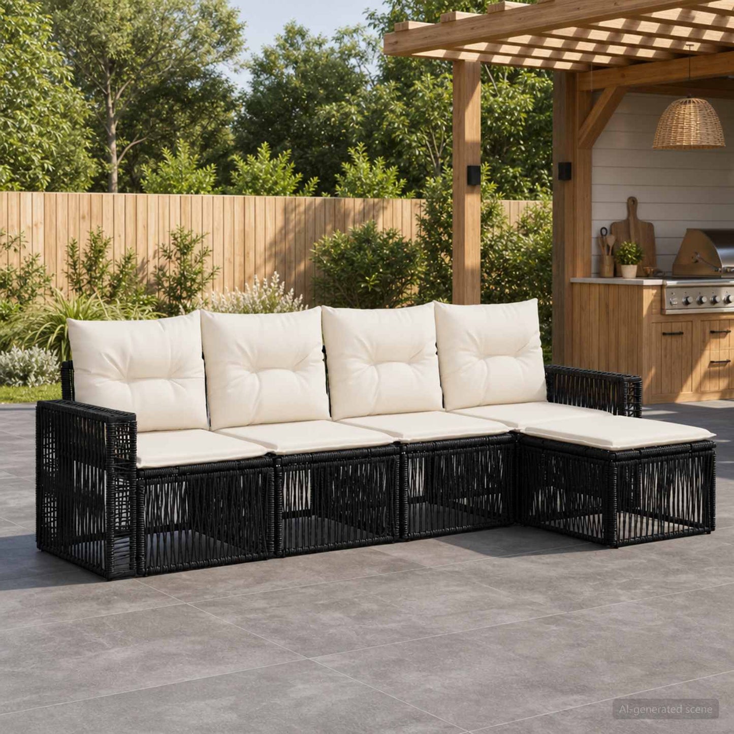 Set Divano da Giardino 5 pcs Nero e Bianco Crema polyrattan | homemem39