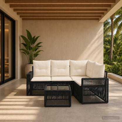 Set Divano da Giardino 5 pcs Nero e Bianco Crema polyrattan | homemem39