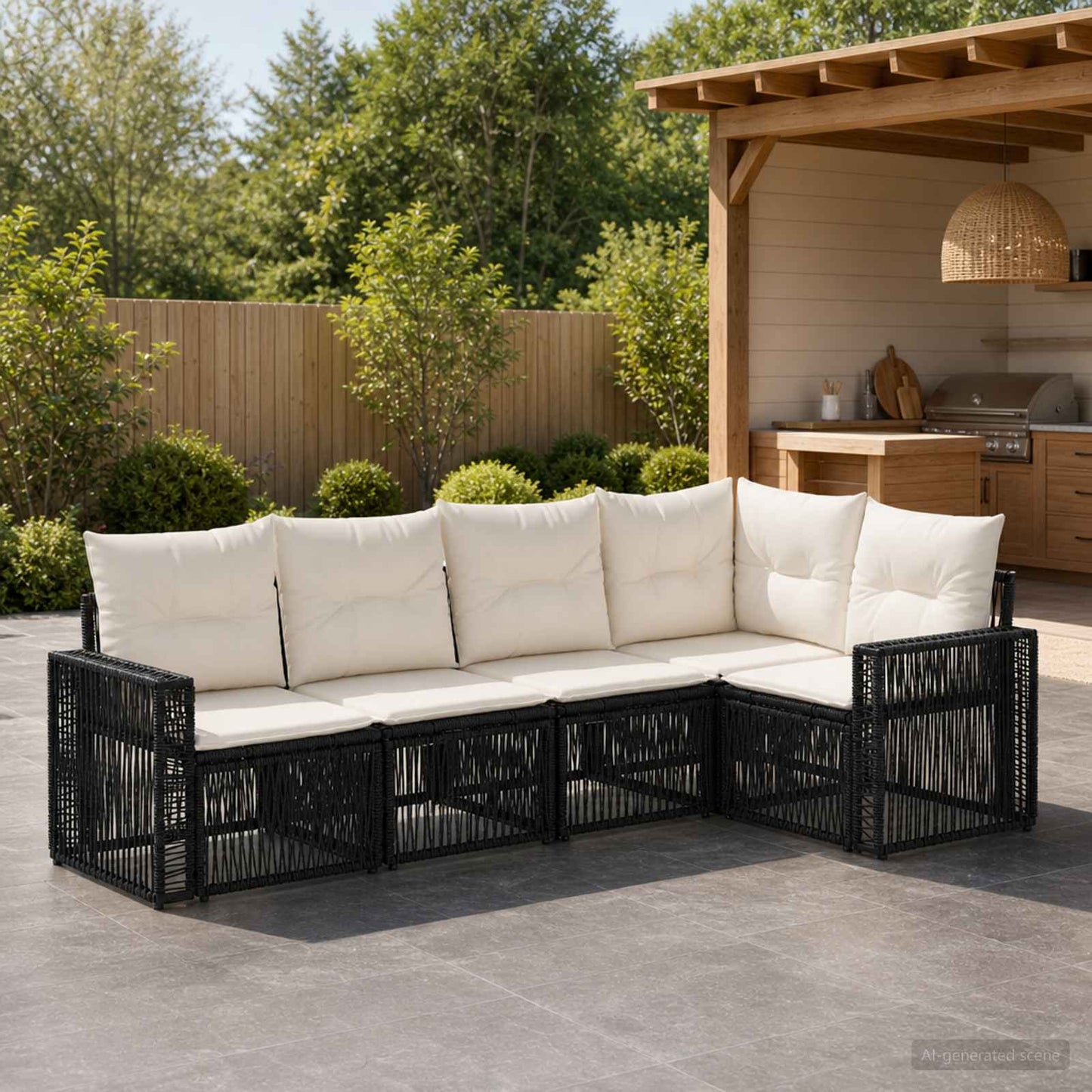 Set Divano da Giardino 5 pz Nero e Bianco Crema polyrattan