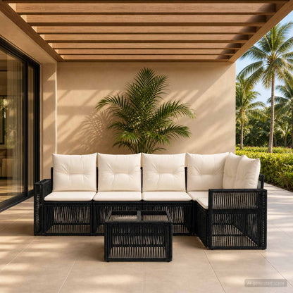 Set Divano da Giardino 6 pz Nero e Bianco Crema polyrattan