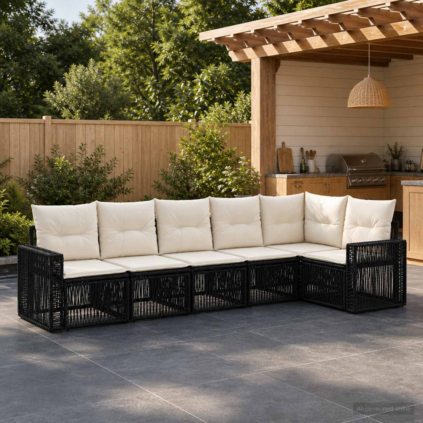 Set Divano da Giardino 6 pcs Nero e Bianco Crema polyrattan | homemem39