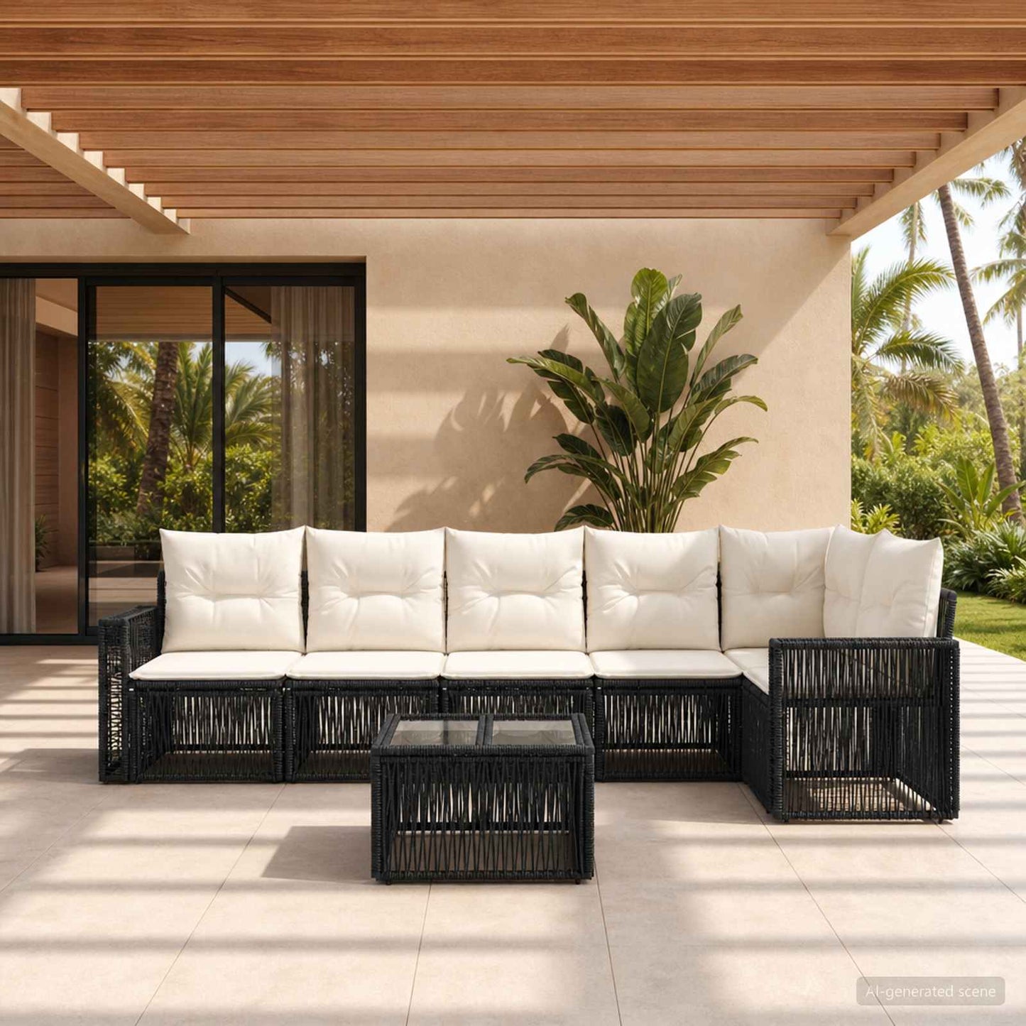 Set Divano da Giardino 7 pcs Nero e Bianco Crema polyrattan | homemem39