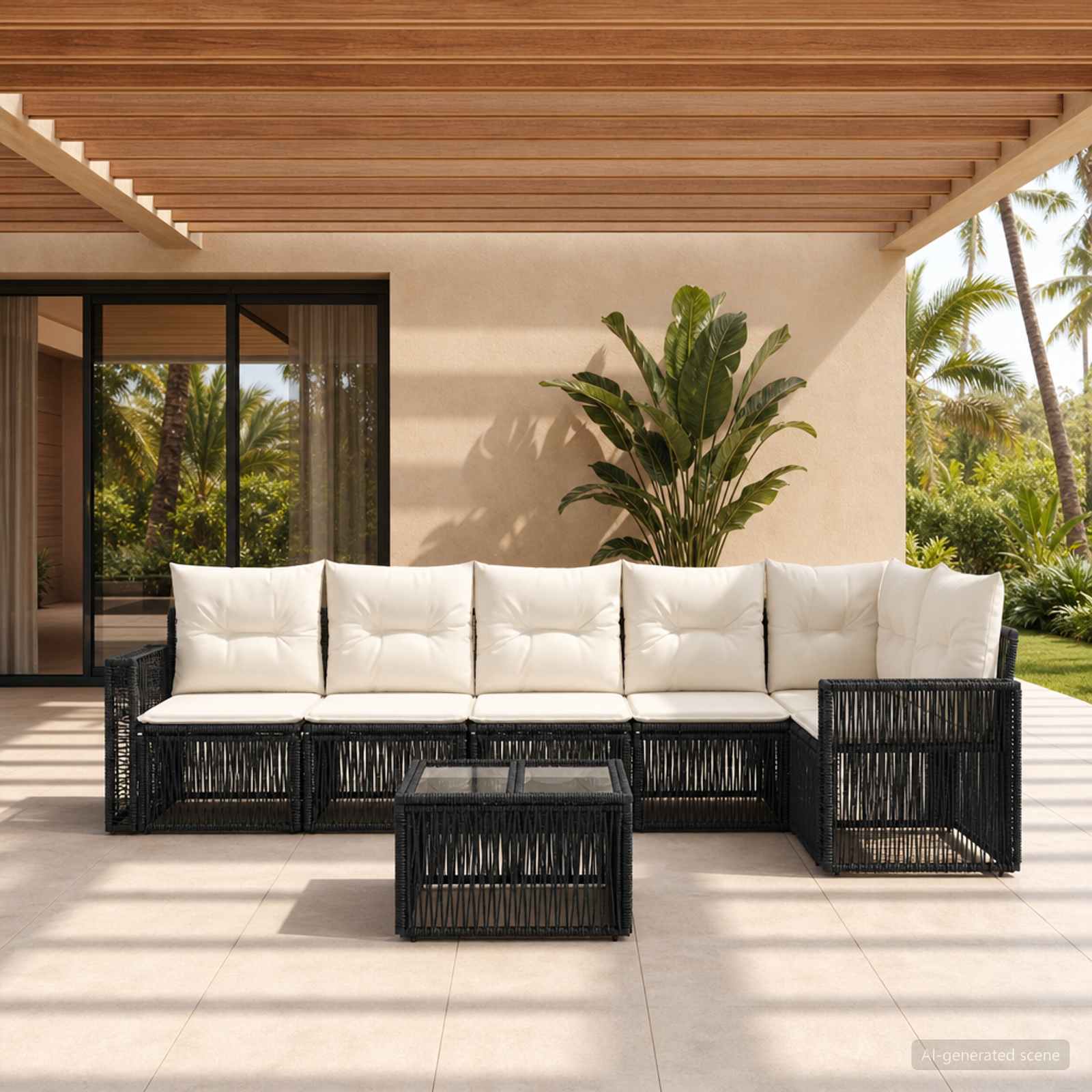 Set Divano da Giardino 7 pcs Nero e Bianco Crema polyrattan | homemem39