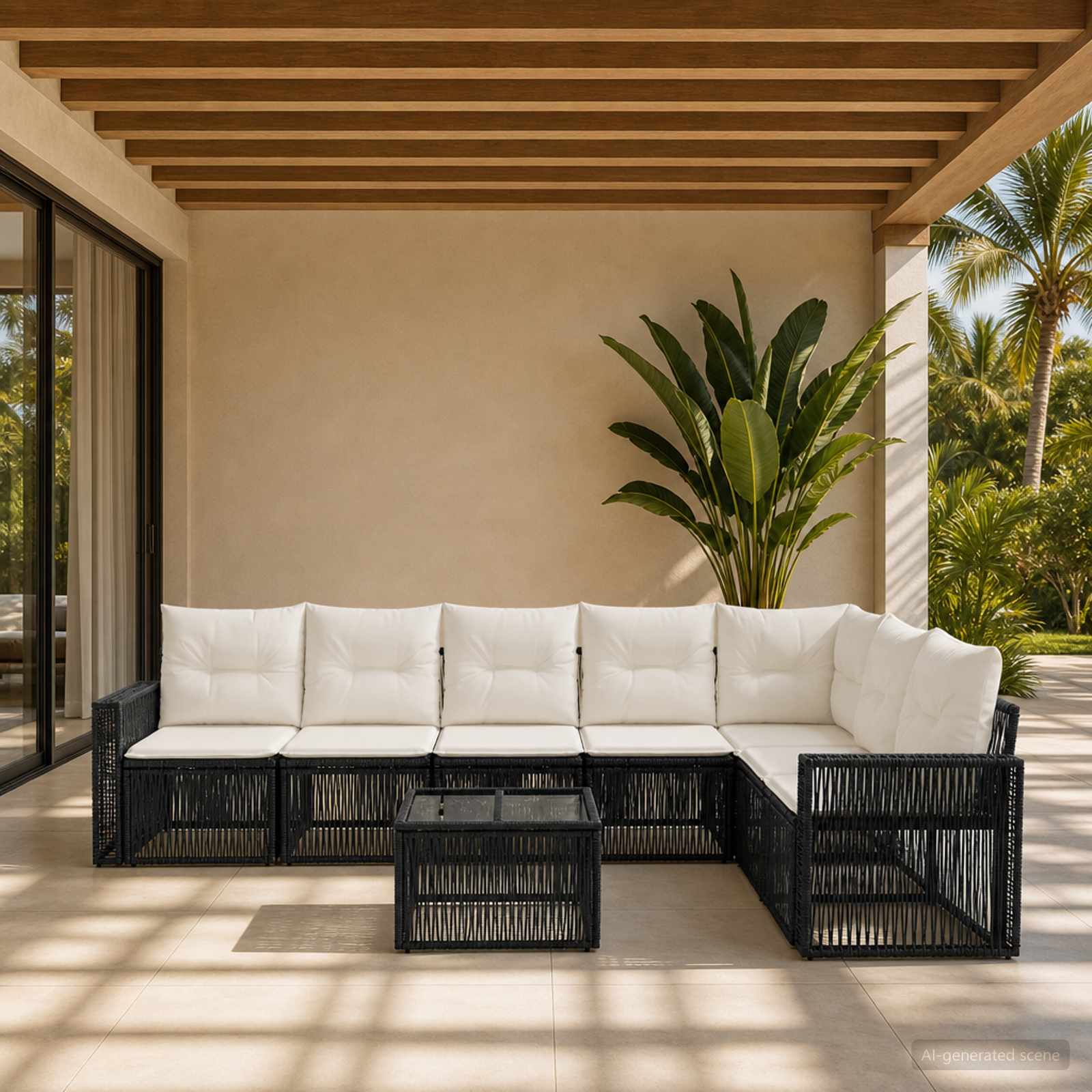 Set Divano da Giardino 8 pcs Nero e Bianco Crema polyrattan | homemem39
