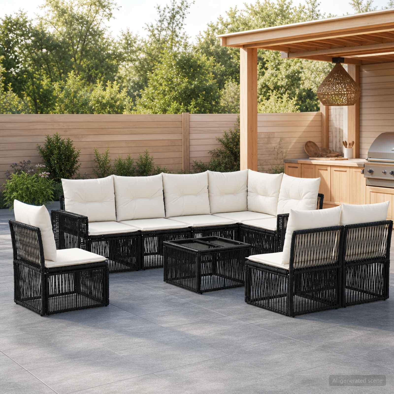 Set Divano da Giardino 9 pcs Nero e Bianco Crema polyrattan | homemem39