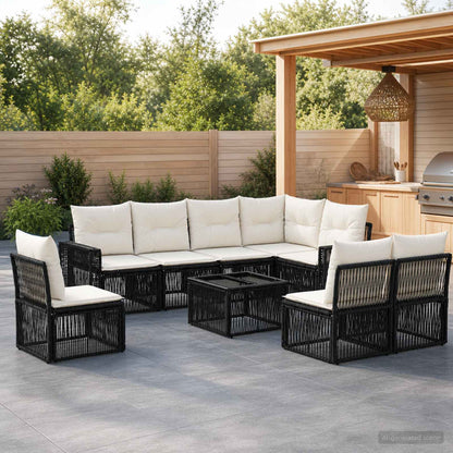 Set Divano da Giardino 9 pcs Nero e Bianco Crema polyrattan | homemem39