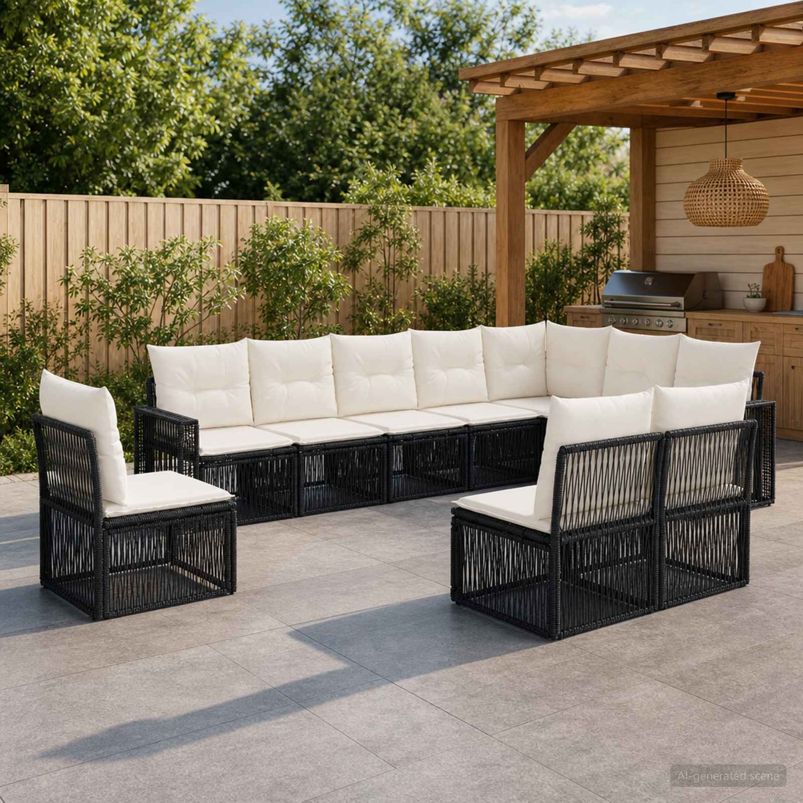 Set Divano da Giardino 10 pcs Nero e Bianco Crema polyrattan | homemem39