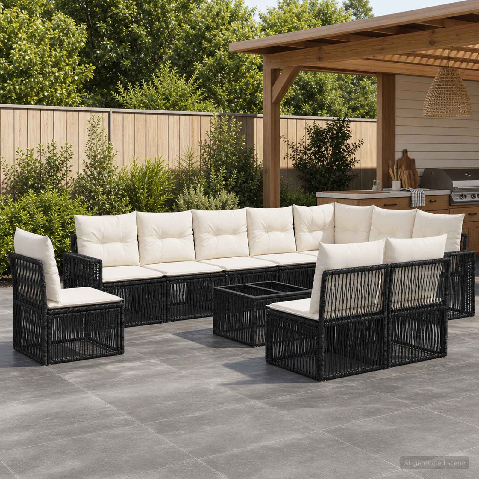 Set Divano da Giardino 11 pcs Nero e Bianco Crema polyrattan | homemem39
