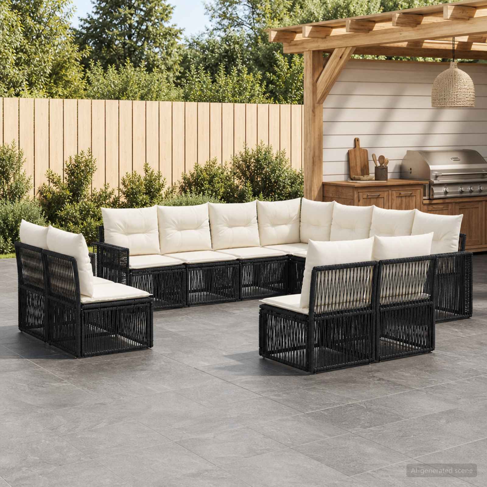 Set Divano da Giardino 11 pcs Nero e Bianco Crema polyrattan | homemem39