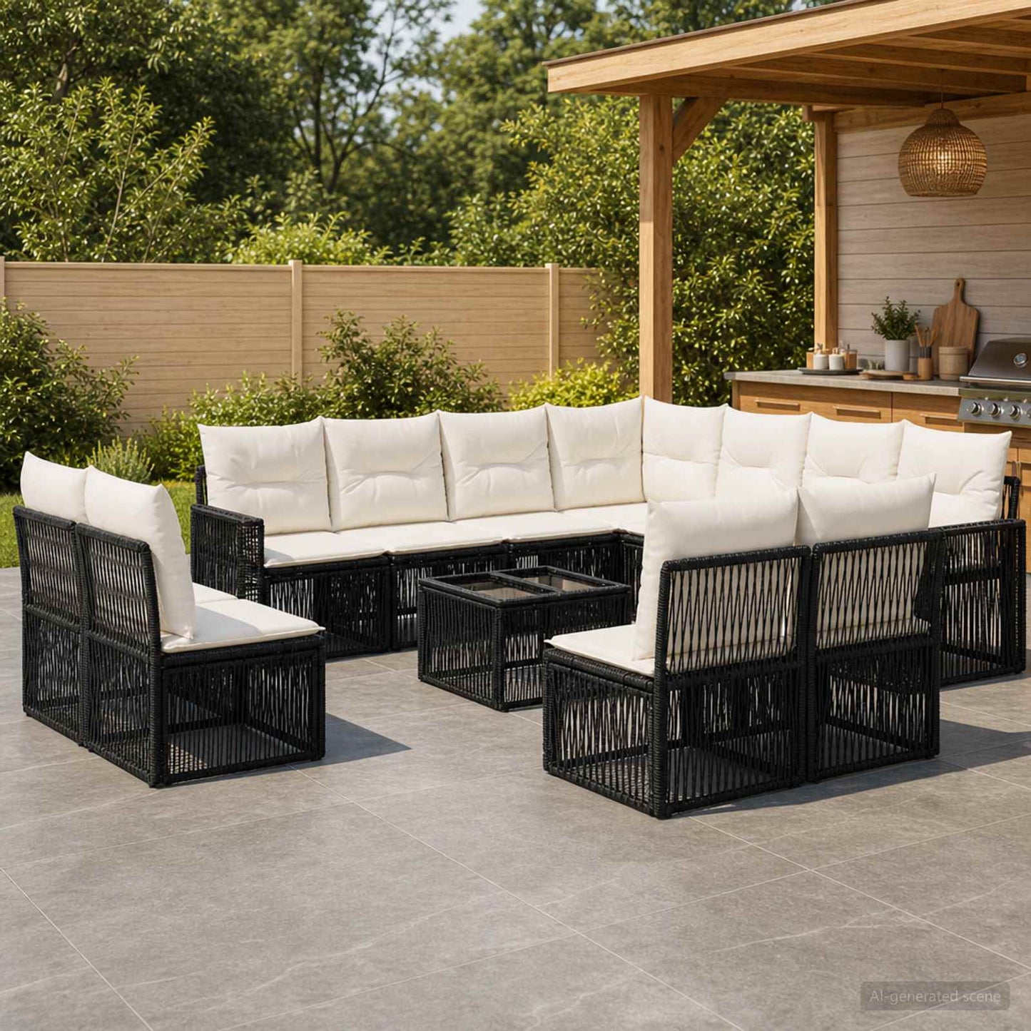 Set Divano da Giardino 12 pcs Nero e Bianco Crema polyrattan | homemem39