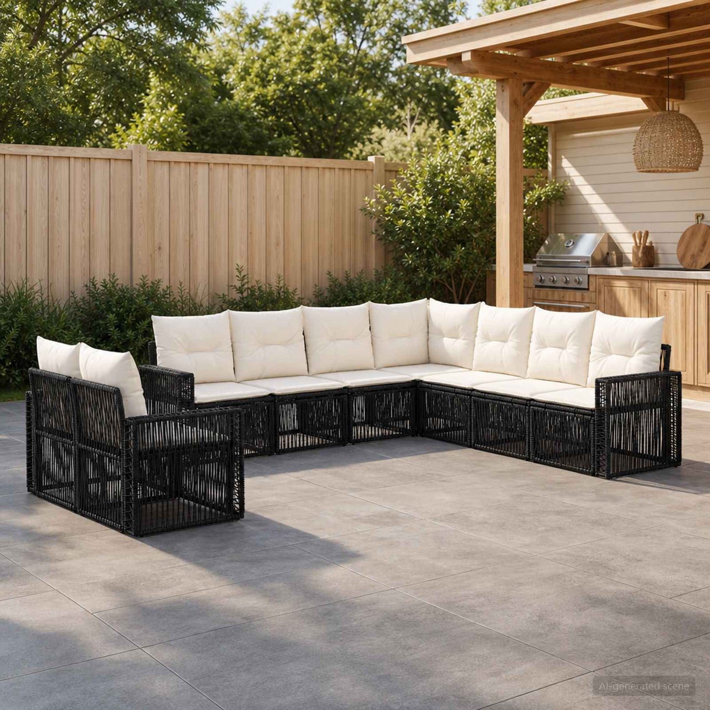 Set Divano da Giardino 9 pcs Nero e Bianco Crema polyrattan | homemem39