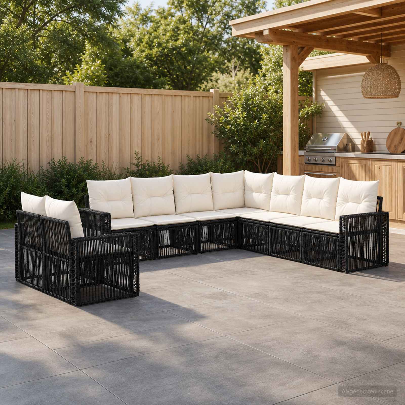 Set Divano da Giardino 9 pcs Nero e Bianco Crema polyrattan | homemem39