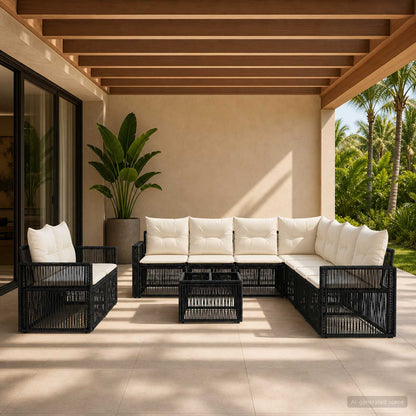 Set Divano da Giardino 10 pcs Nero e Bianco Crema polyrattan | homemem39