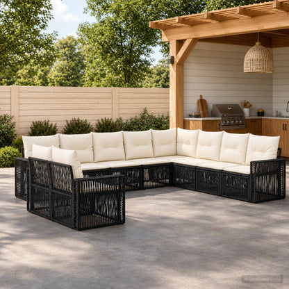 Set Divano da Giardino 10 pz Nero e Bianco Crema polyrattan