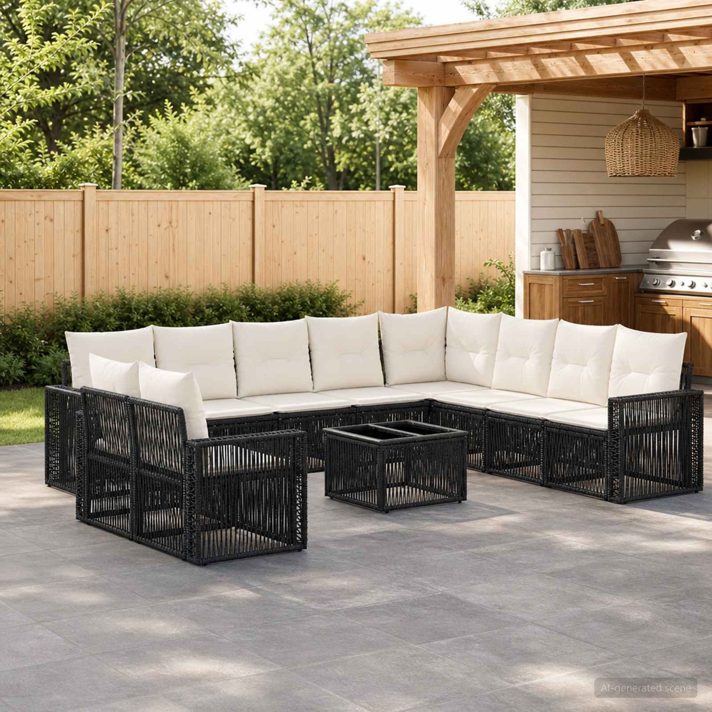 Set Divano da Giardino 11 pz Nero e Bianco Crema polyrattan