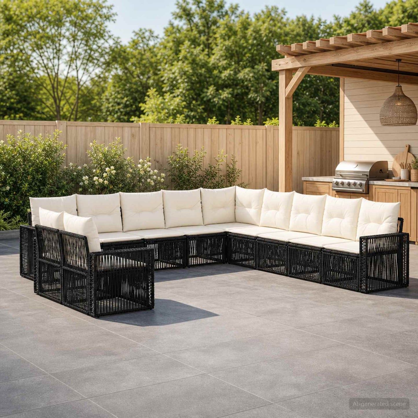 Set Divano da Giardino 11 pz Nero e Bianco Crema polyrattan