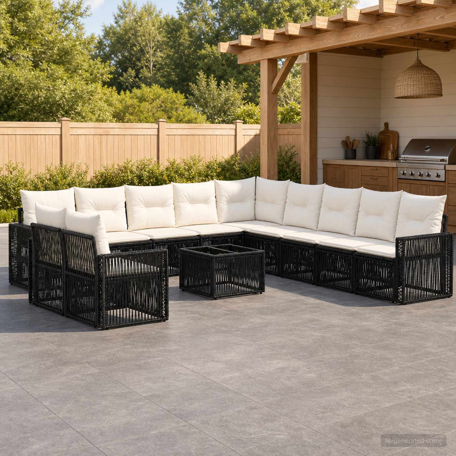Set Divano da Giardino 12 pcs Nero e Bianco Crema polyrattan | homemem39