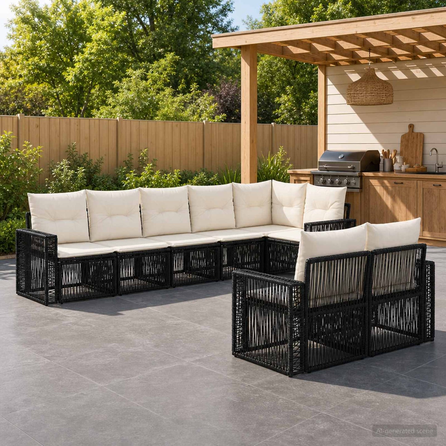 Set Divano da Giardino 8 pcs Nero e Bianco Crema polyrattan | homemem39