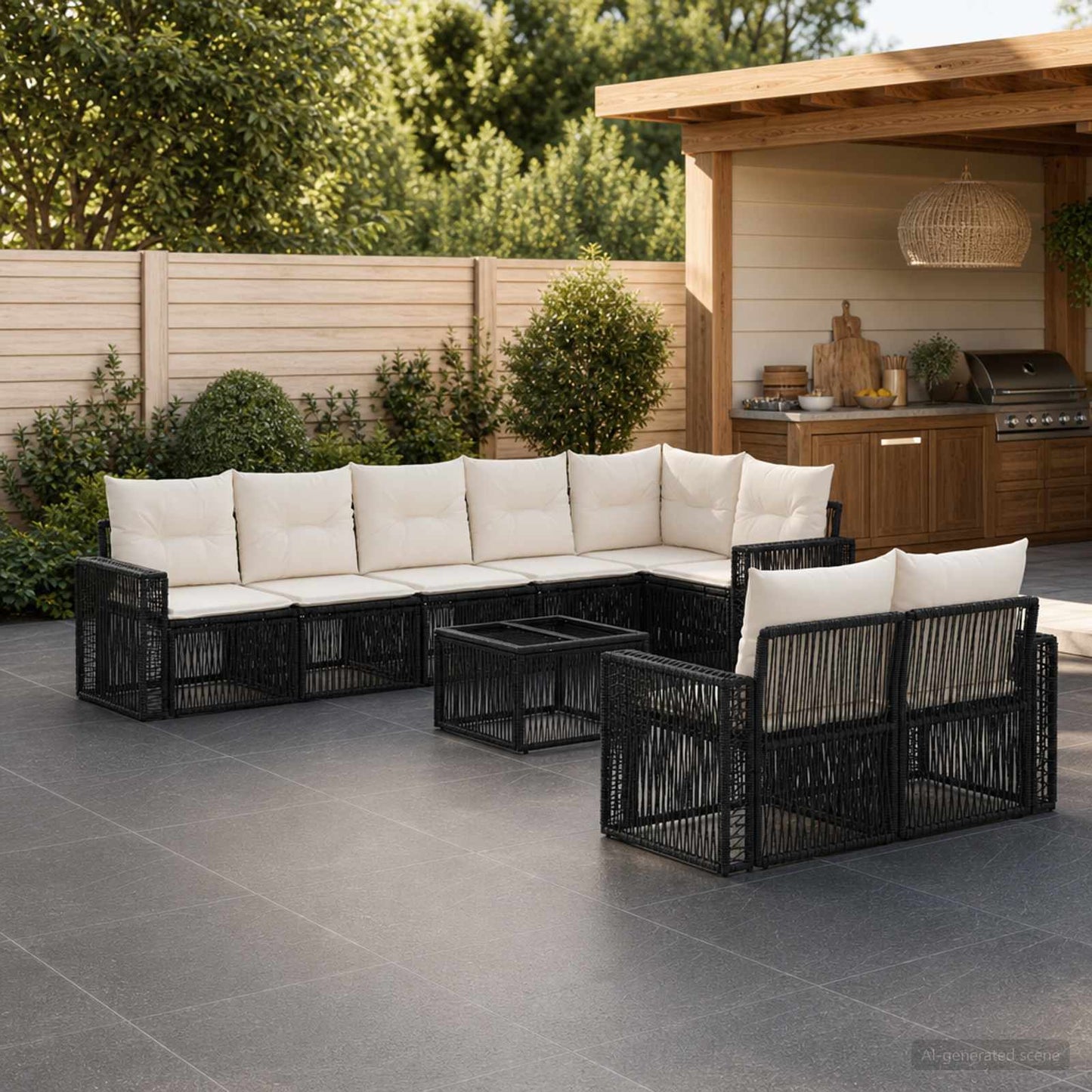 Set Divano da Giardino 9 pcs Nero e Bianco Crema polyrattan | homemem39