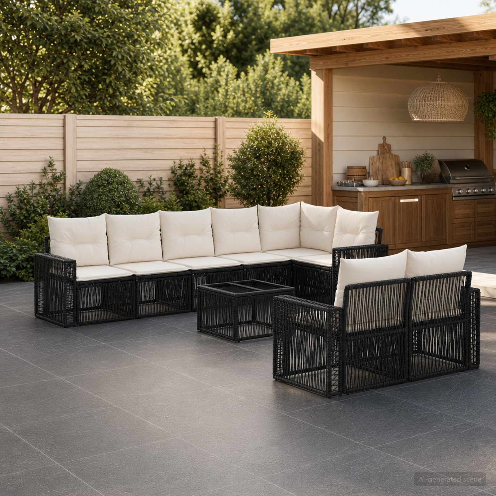 Set Divano da Giardino 9 pcs Nero e Bianco Crema polyrattan | homemem39