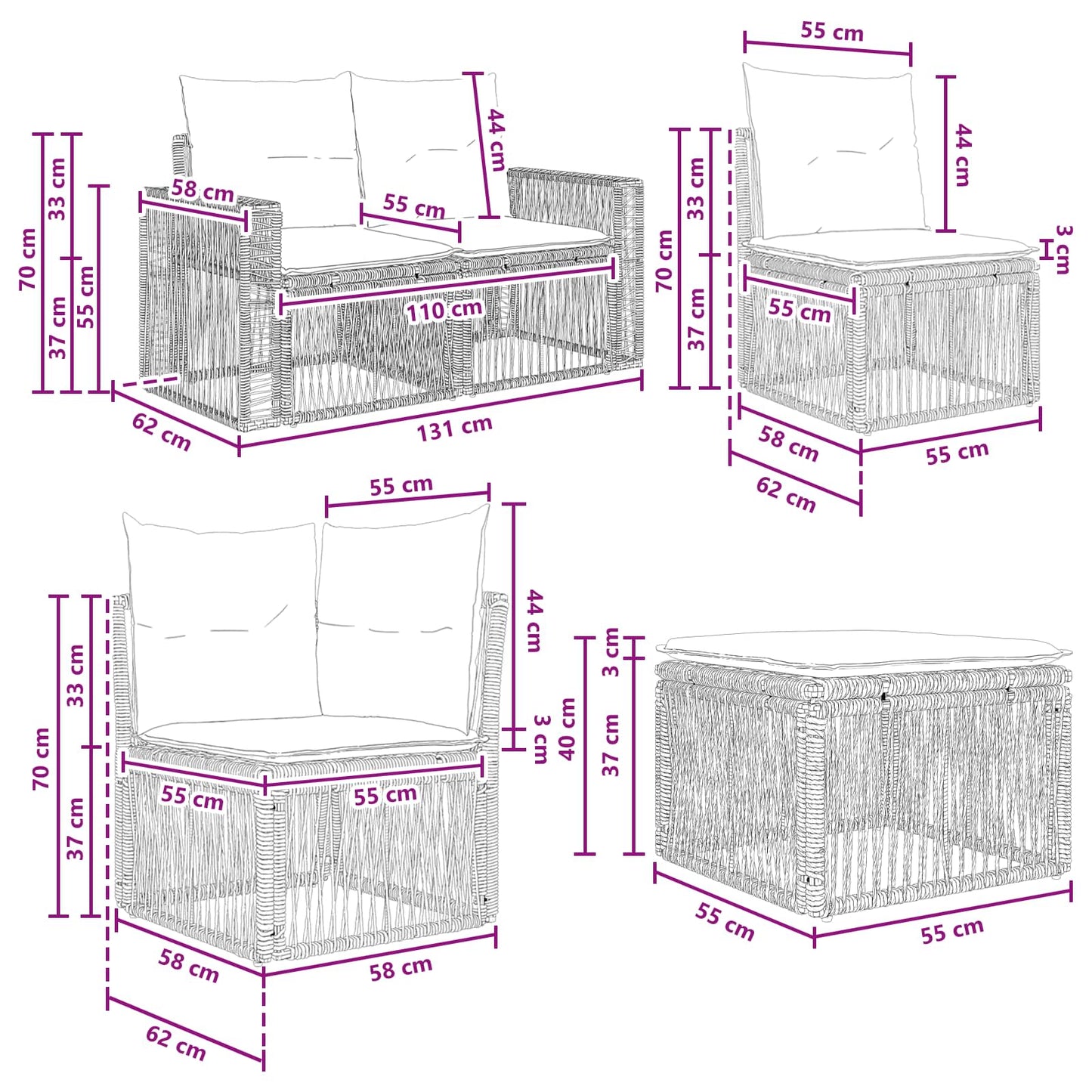 Set Divano da Giardino 6 pcs Nero e Bianco Crema polyrattan | homemem39