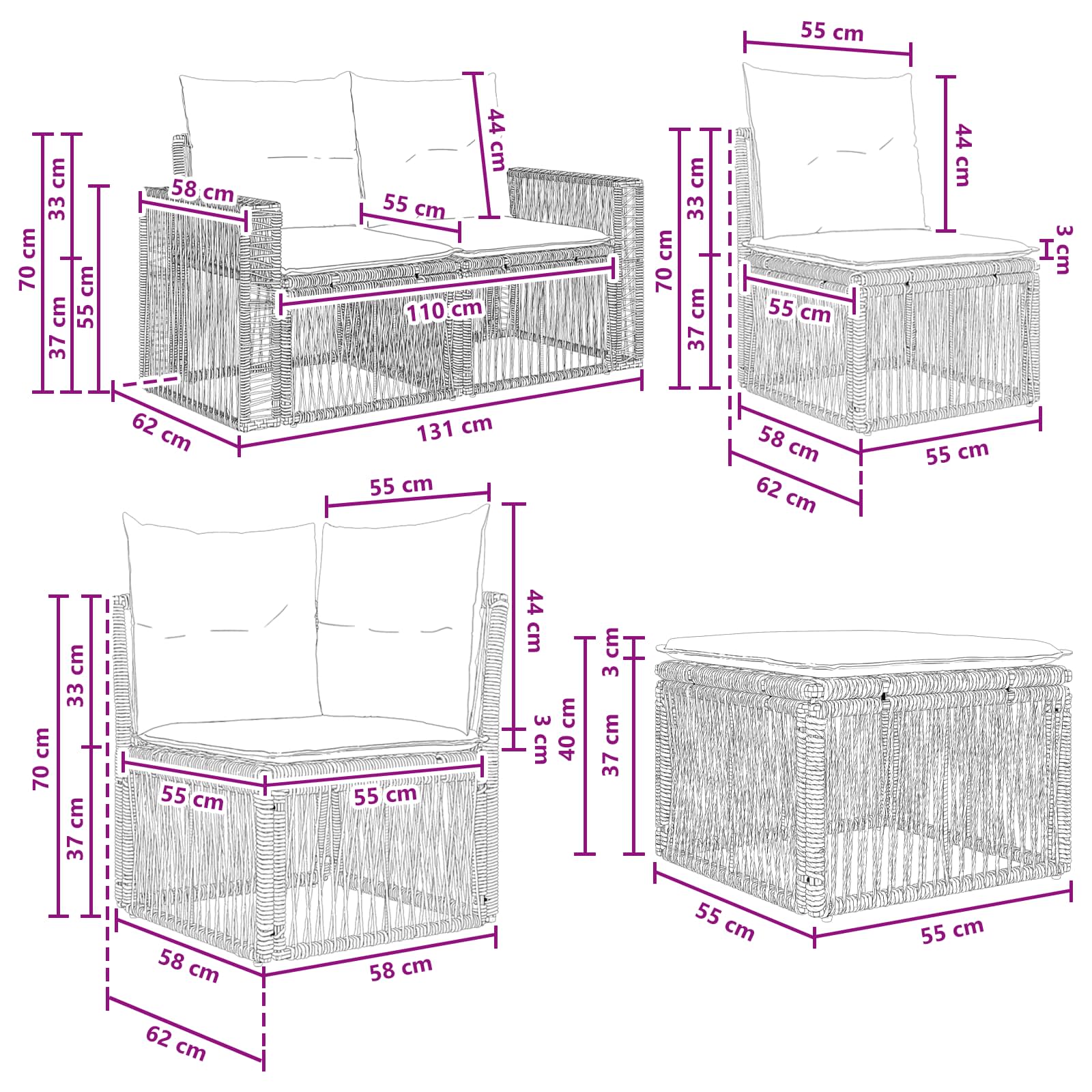 Set Divano da Giardino 6 pcs Nero e Bianco Crema polyrattan | homemem39