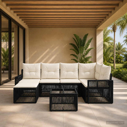 Set Divano da Giardino 7 pz Nero e Bianco Crema polyrattan