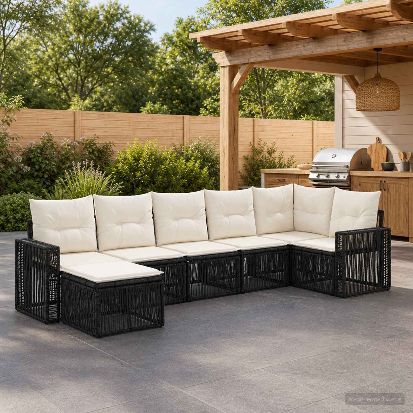 Set Divano da Giardino 7 pcs Nero e Bianco Crema polyrattan | homemem39
