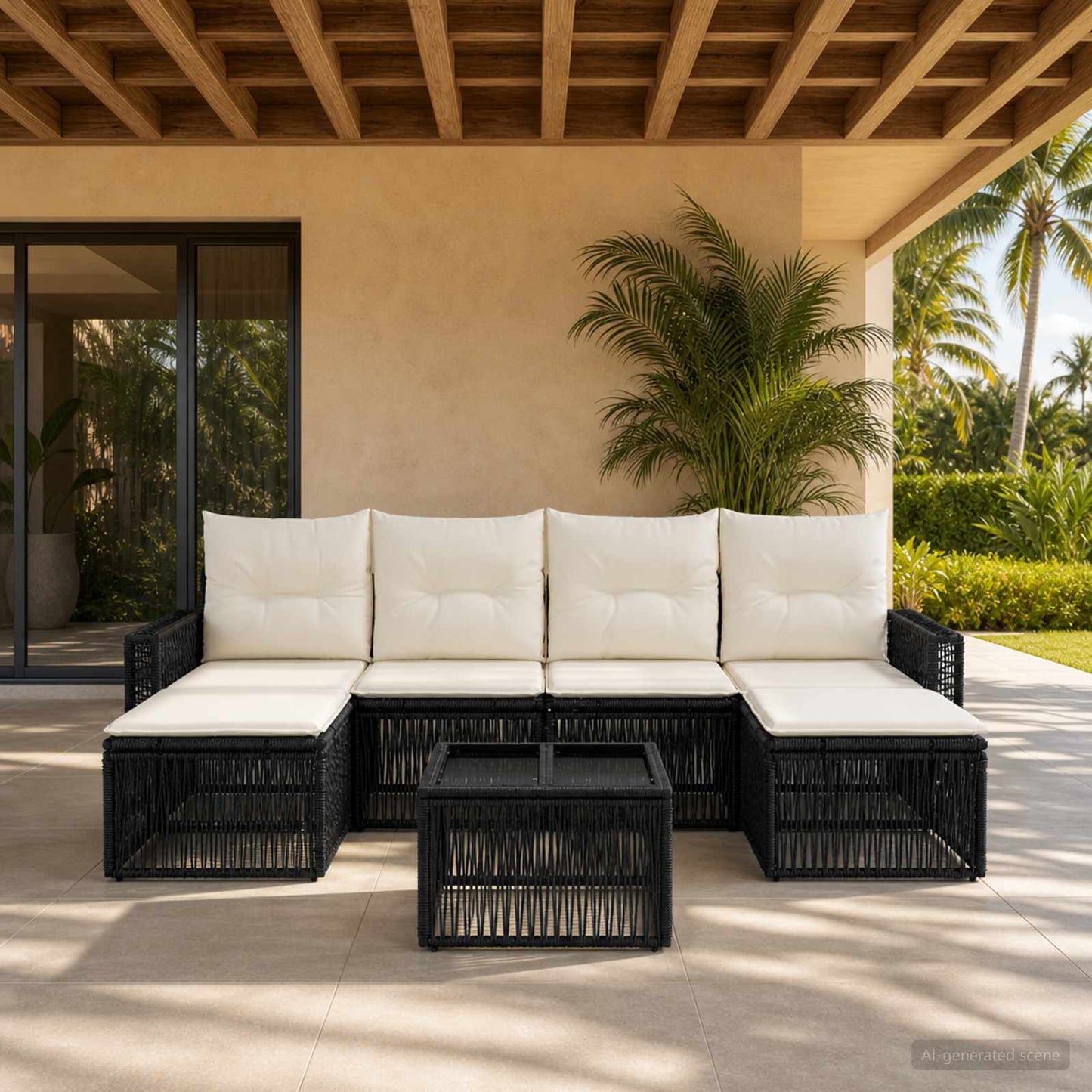 Set Divano da Giardino 7 pcs Nero e Bianco Crema polyrattan | homemem39