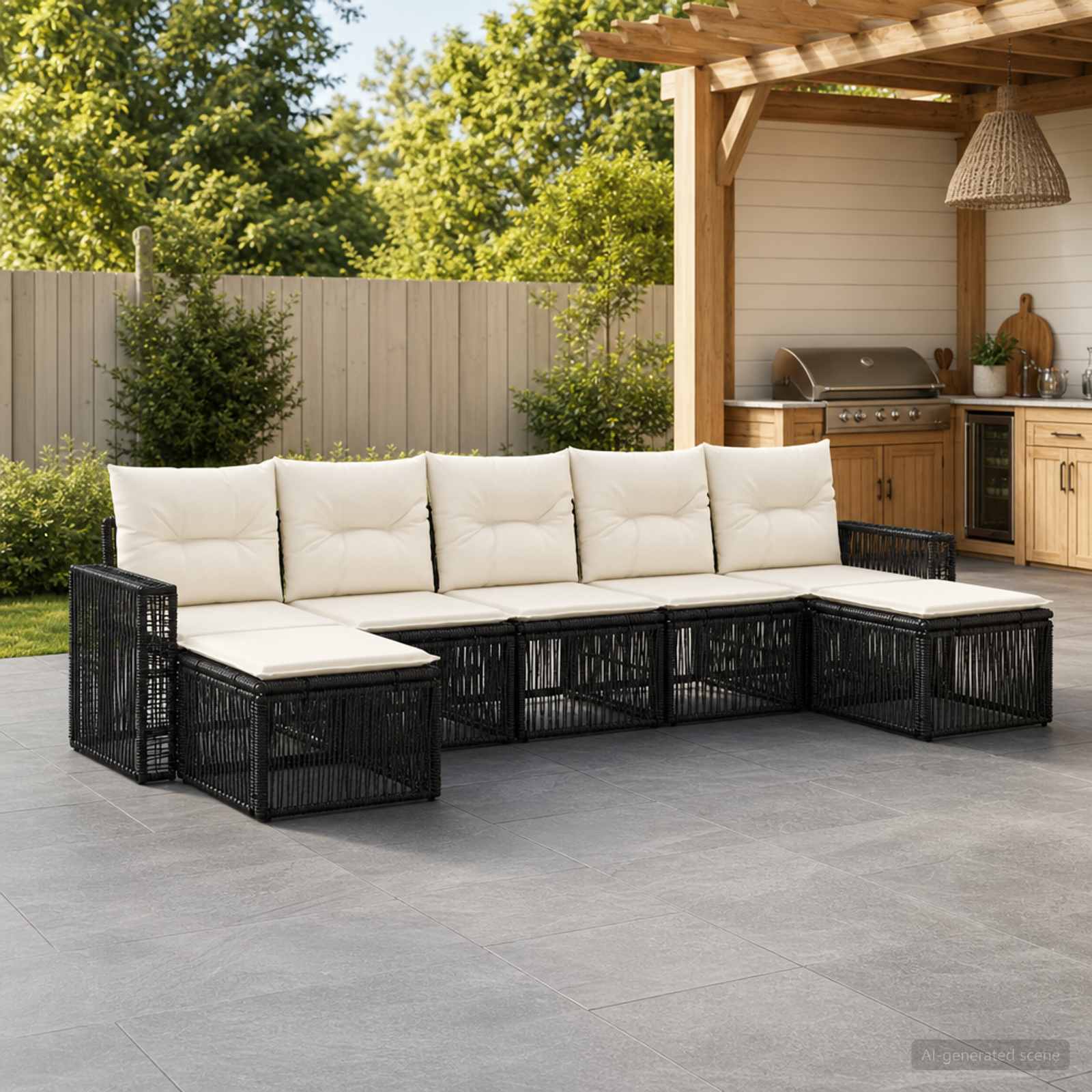 Set Divano da Giardino 7 pcs Nero e Bianco Crema polyrattan | homemem39