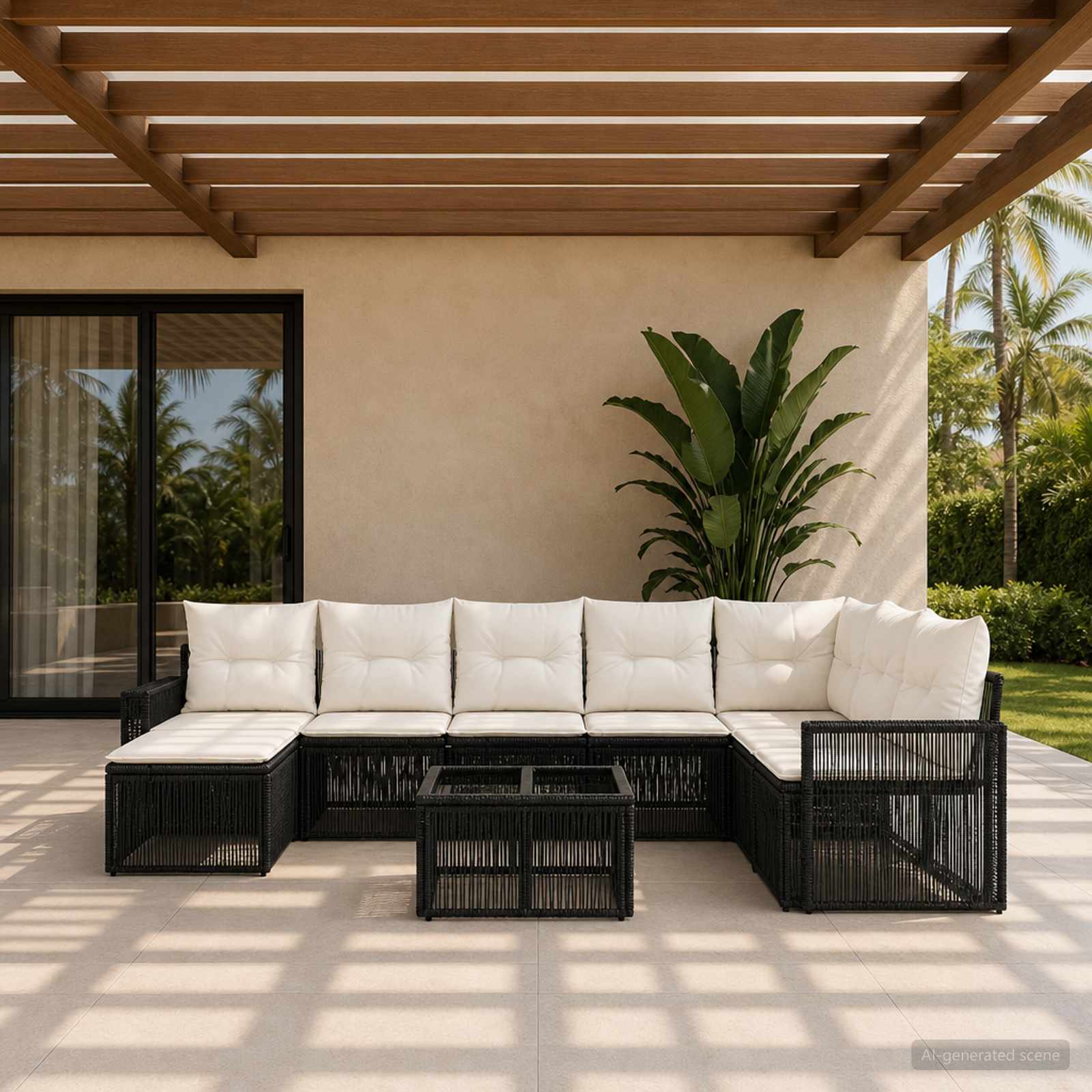 Set Divano da Giardino 9 pcs Nero e Bianco Crema polyrattan | homemem39