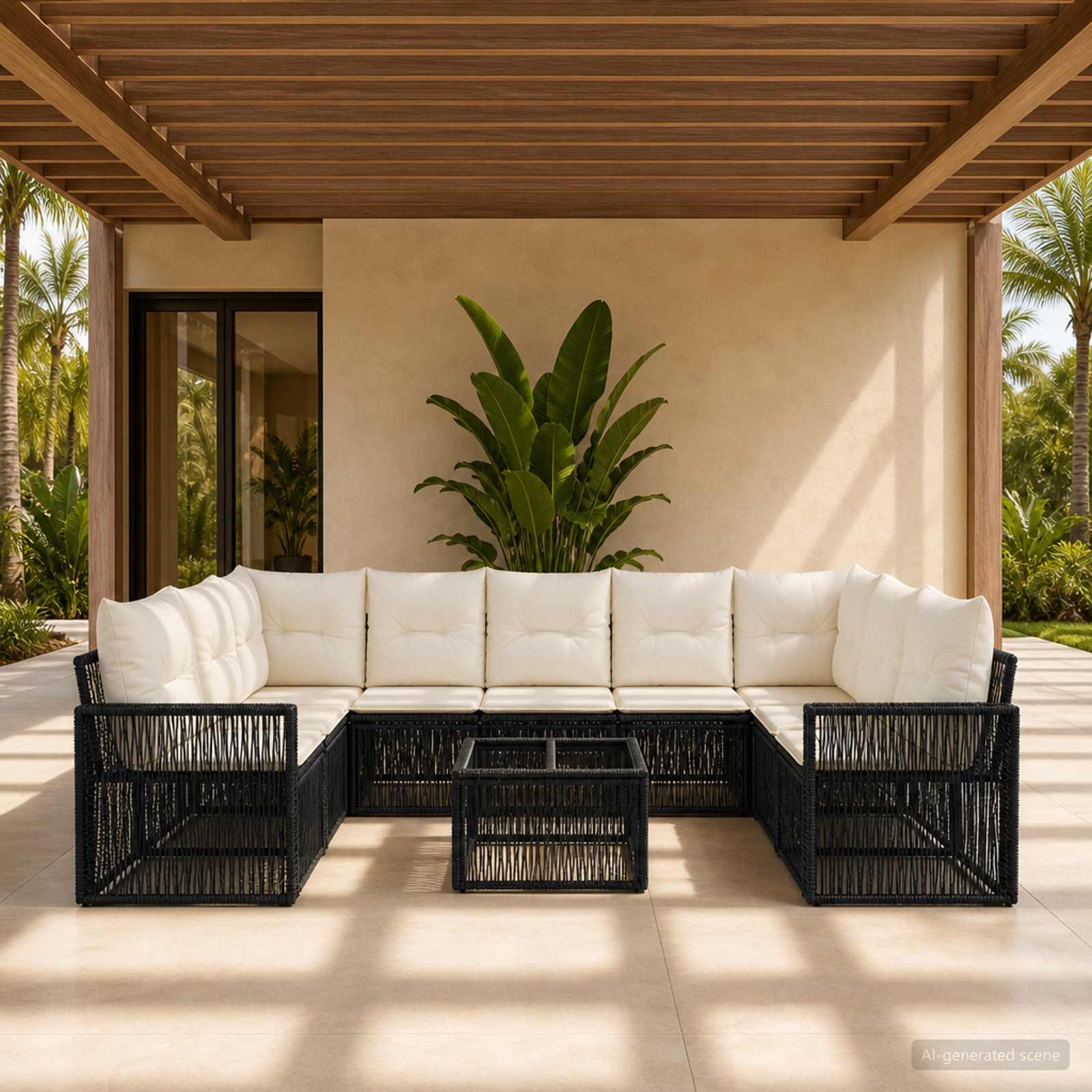Set Divano da Giardino 10 pcs Nero e Bianco Crema polyrattan | homemem39