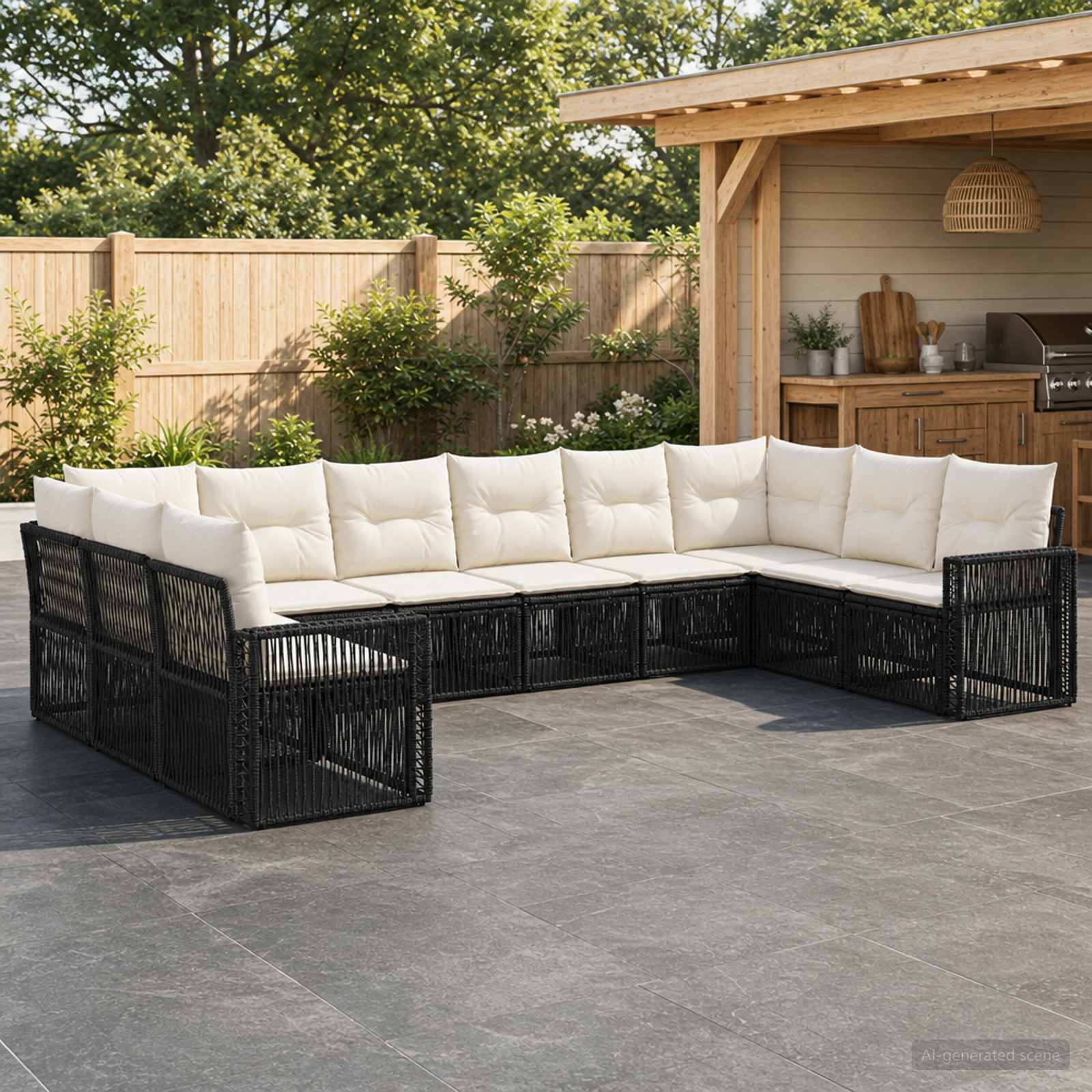 Set Divano da Giardino 10 pcs Nero e Bianco Crema polyrattan | homemem39
