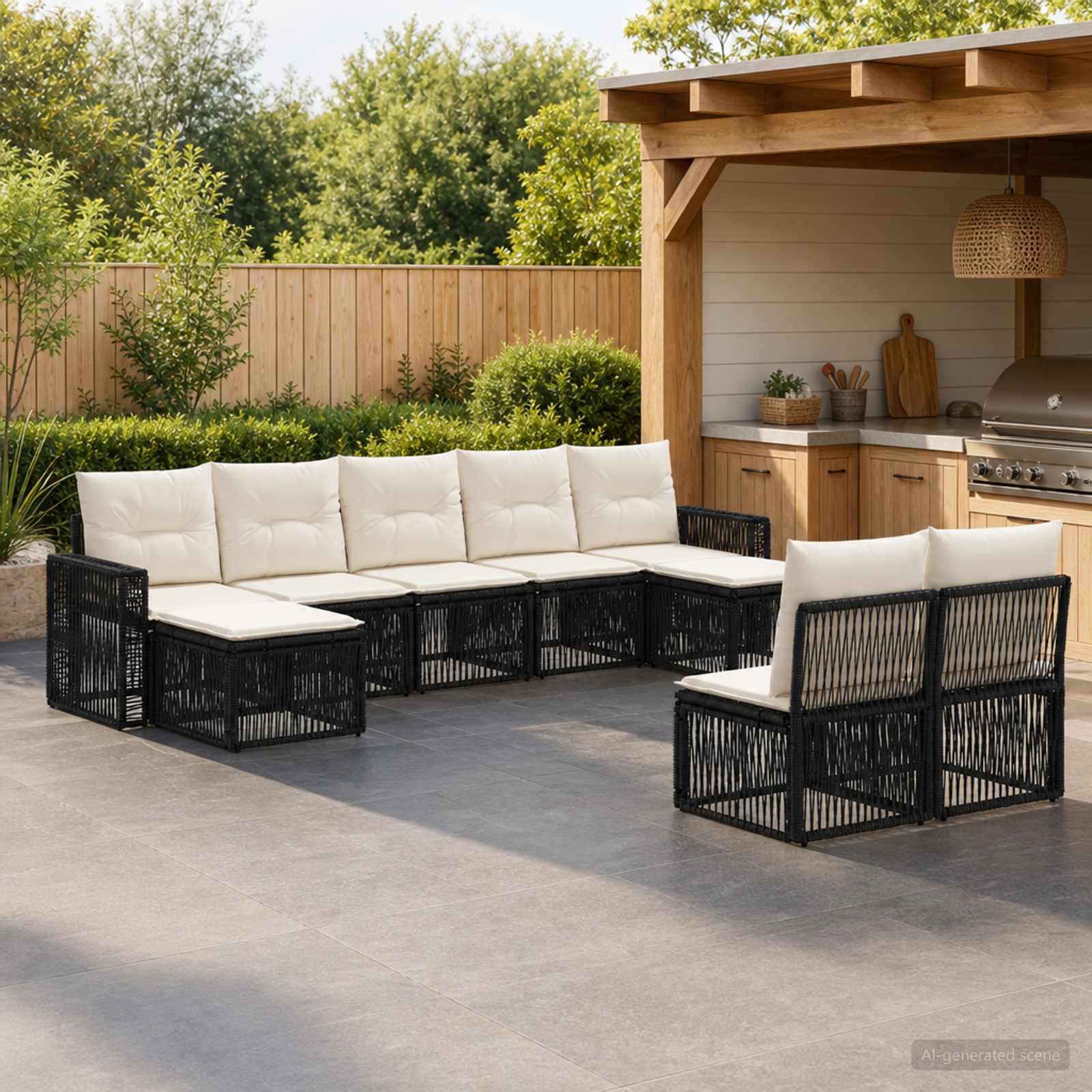 Set Divano da Giardino 9 pcs Nero e Bianco Crema polyrattan | homemem39