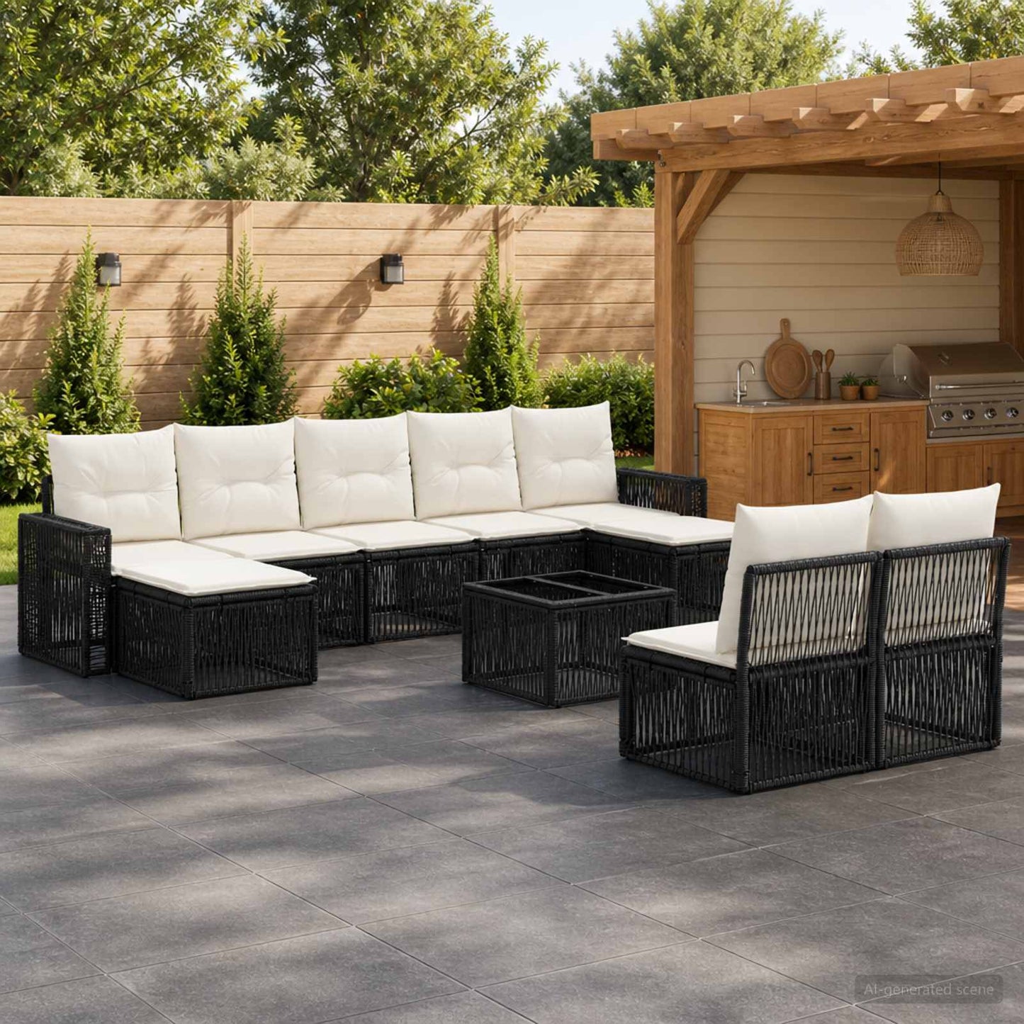 Set Divano da Giardino 10 pcs Nero e Bianco Crema polyrattan | homemem39