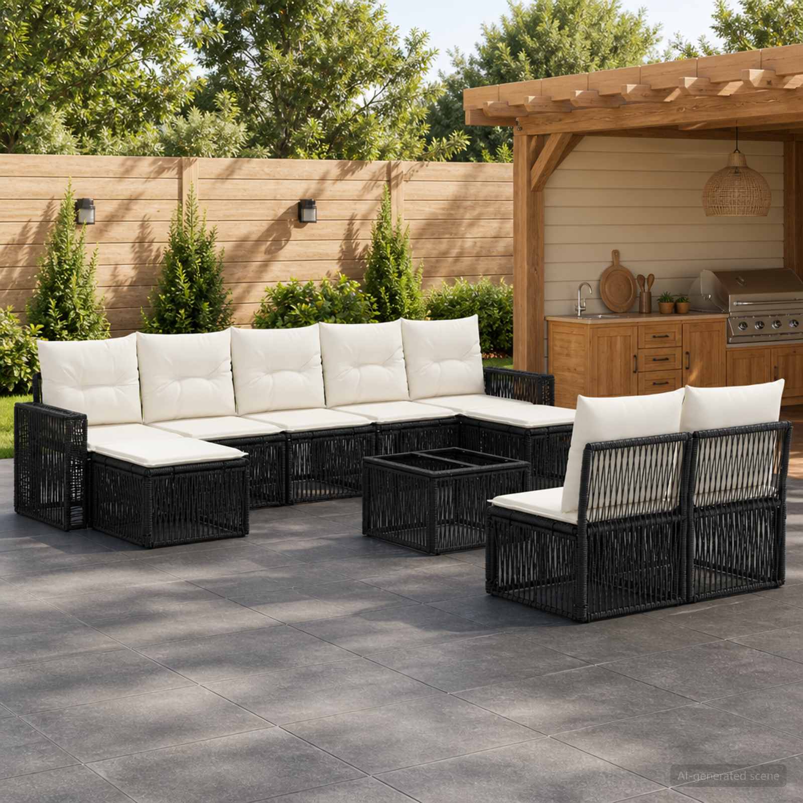 Set Divano da Giardino 10 pcs Nero e Bianco Crema polyrattan | homemem39