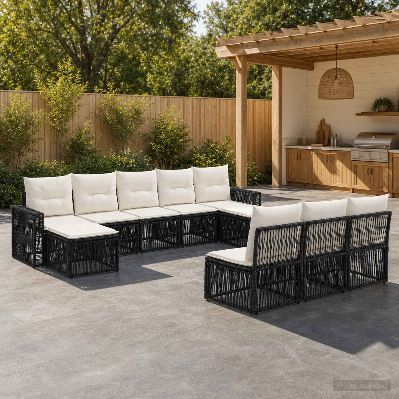 Set Divano da Giardino 10 pcs Nero e Bianco Crema polyrattan | homemem39