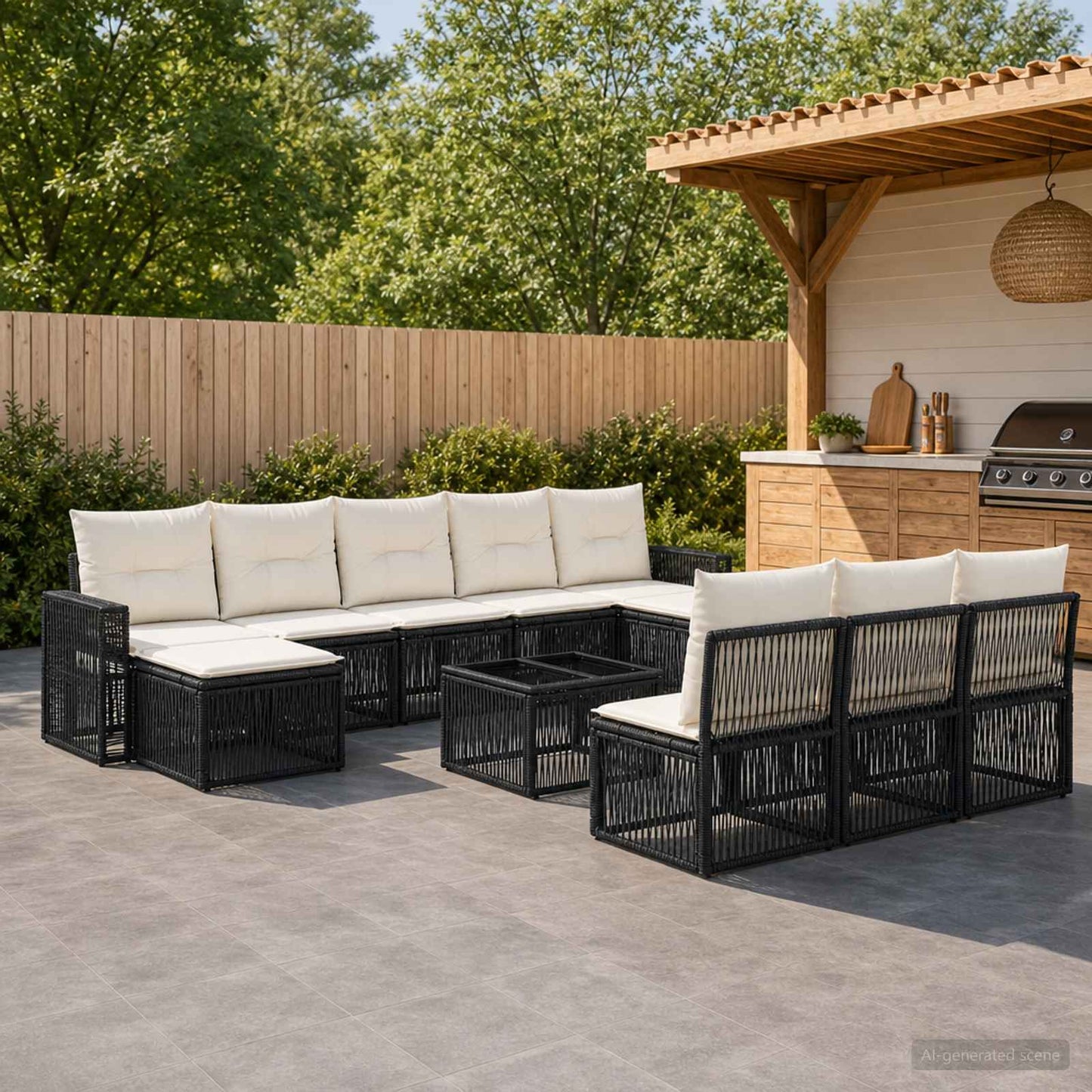 Set Divano da Giardino 11 pcs Nero e Bianco Crema polyrattan | homemem39