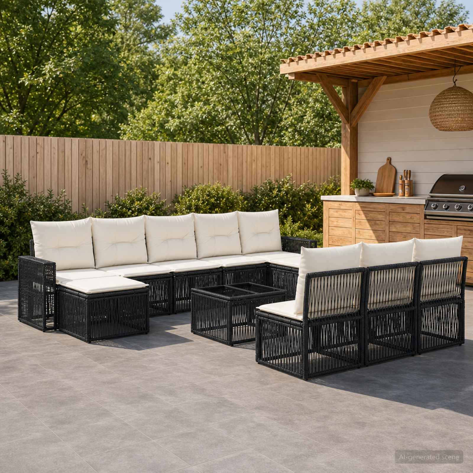 Set Divano da Giardino 11 pcs Nero e Bianco Crema polyrattan | homemem39